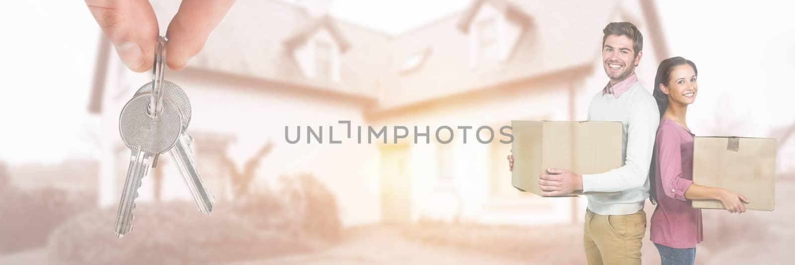 Digital composite of people moving boxes into new home with key