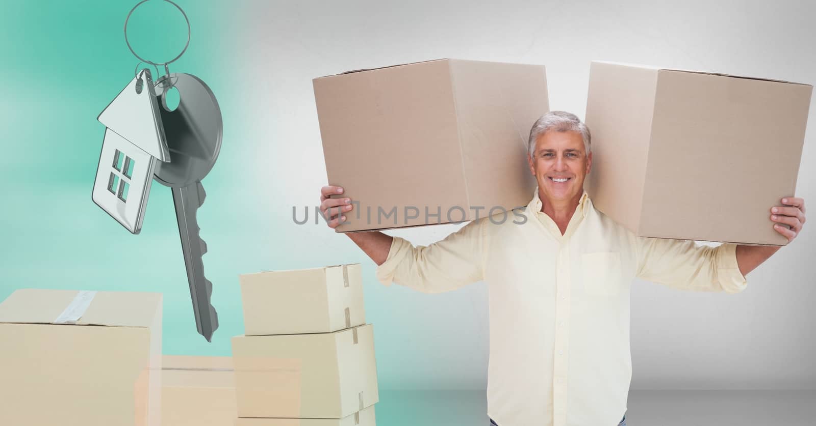 Digital composite of people moving boxes into new home with key