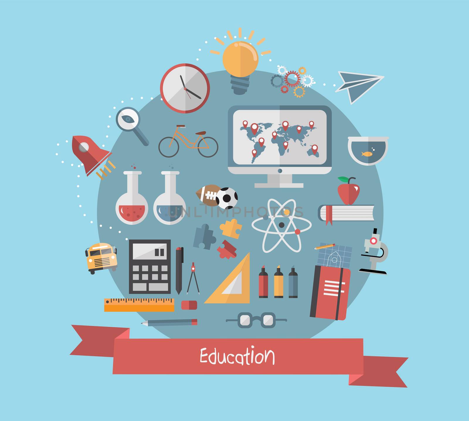 Education banner with school icons on blue background