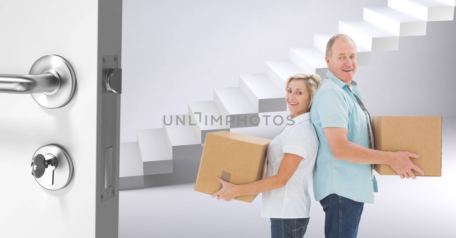 Digital composite of people moving boxes into new home