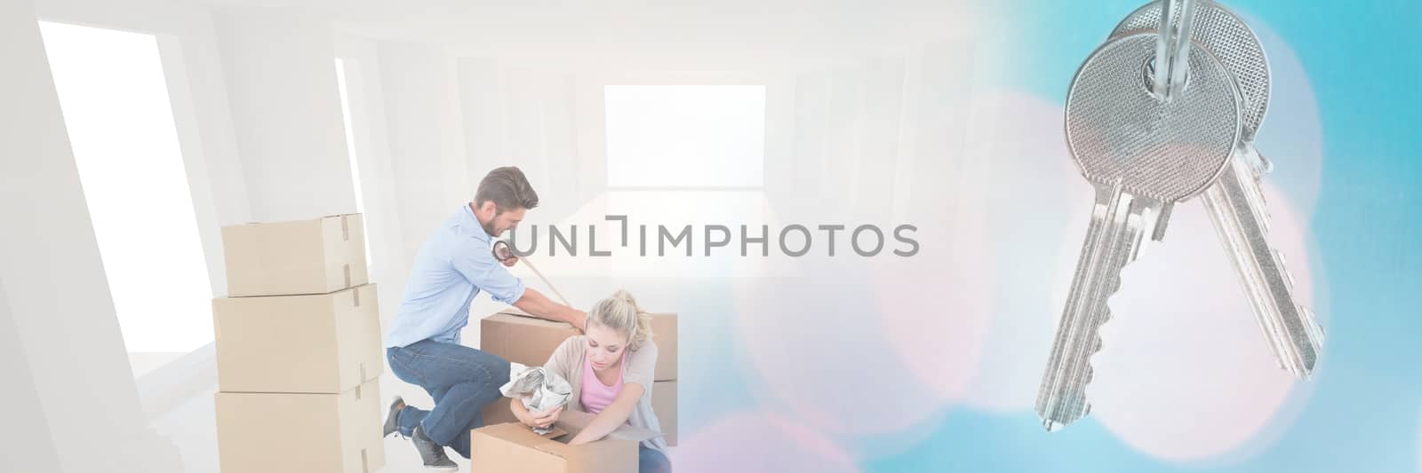 Digital composite of people moving boxes into new home with key