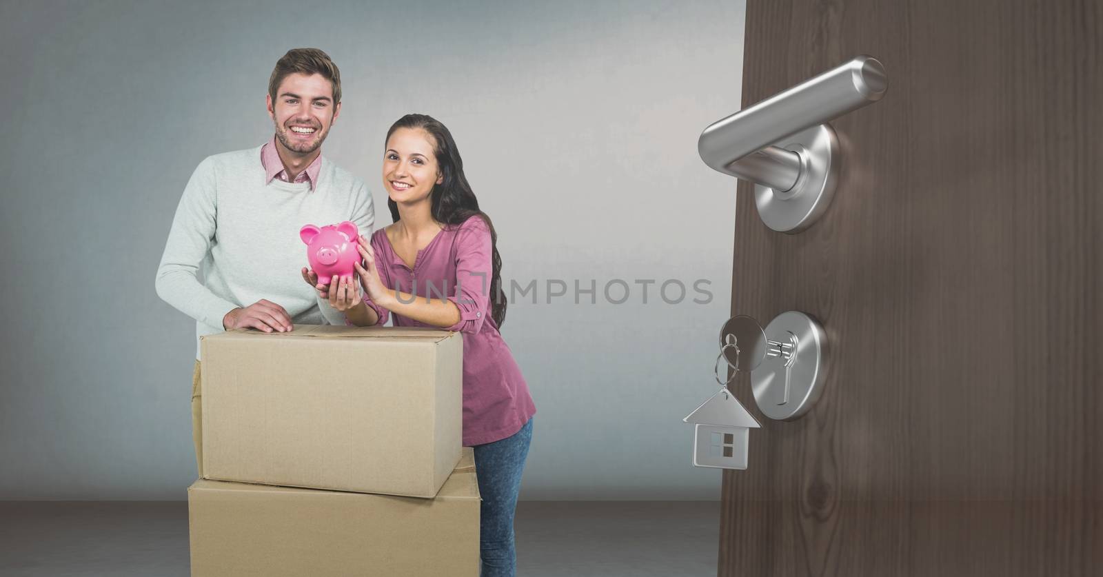 Digital composite of people moving boxes into new home