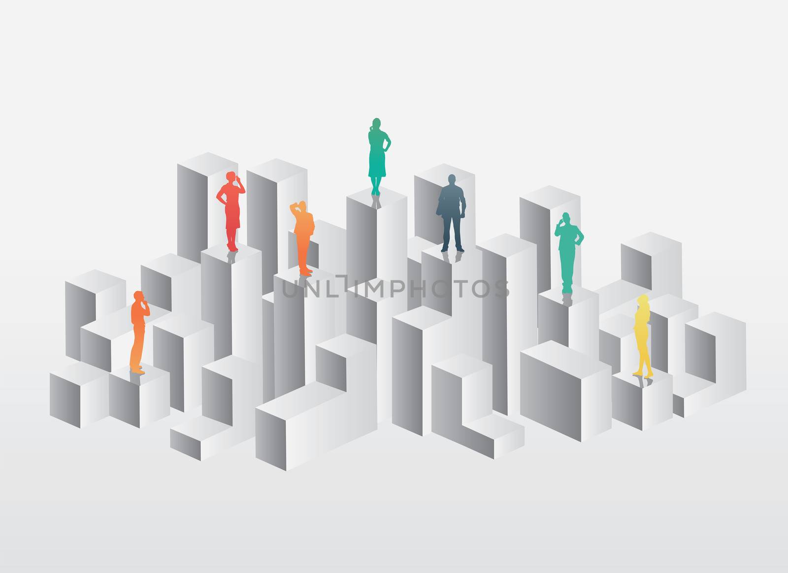 Business people standing on structure on grey background