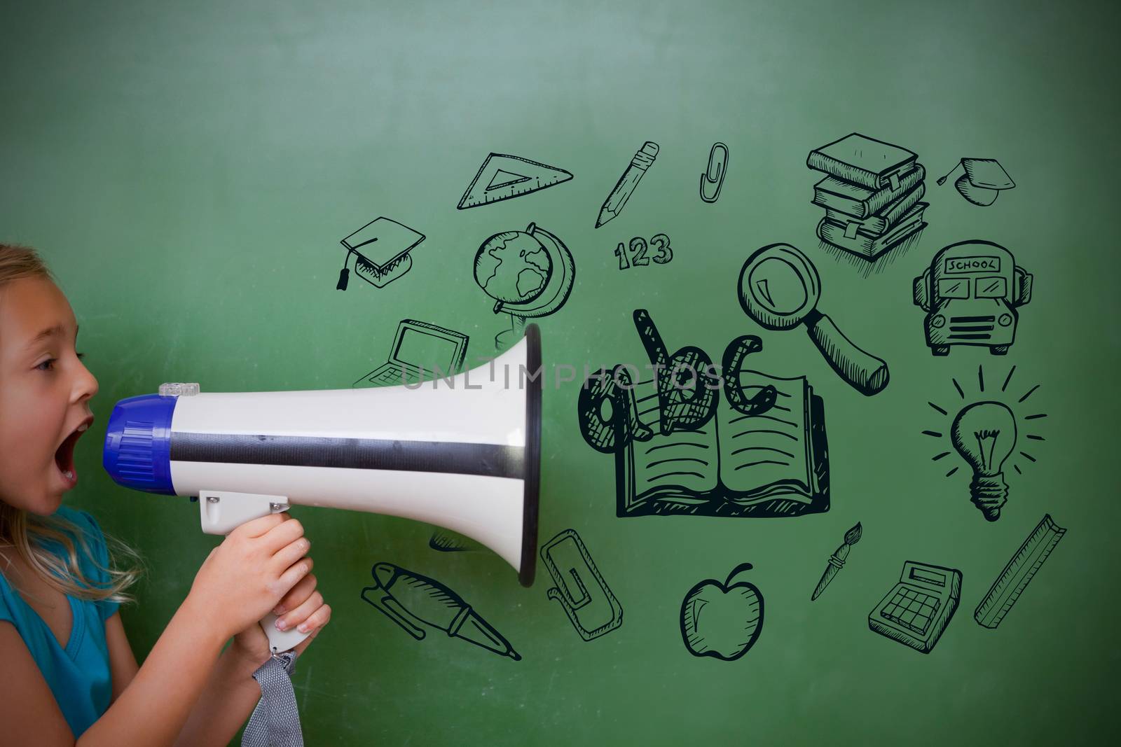 Education doodles with cute pupil shouting through megaphone