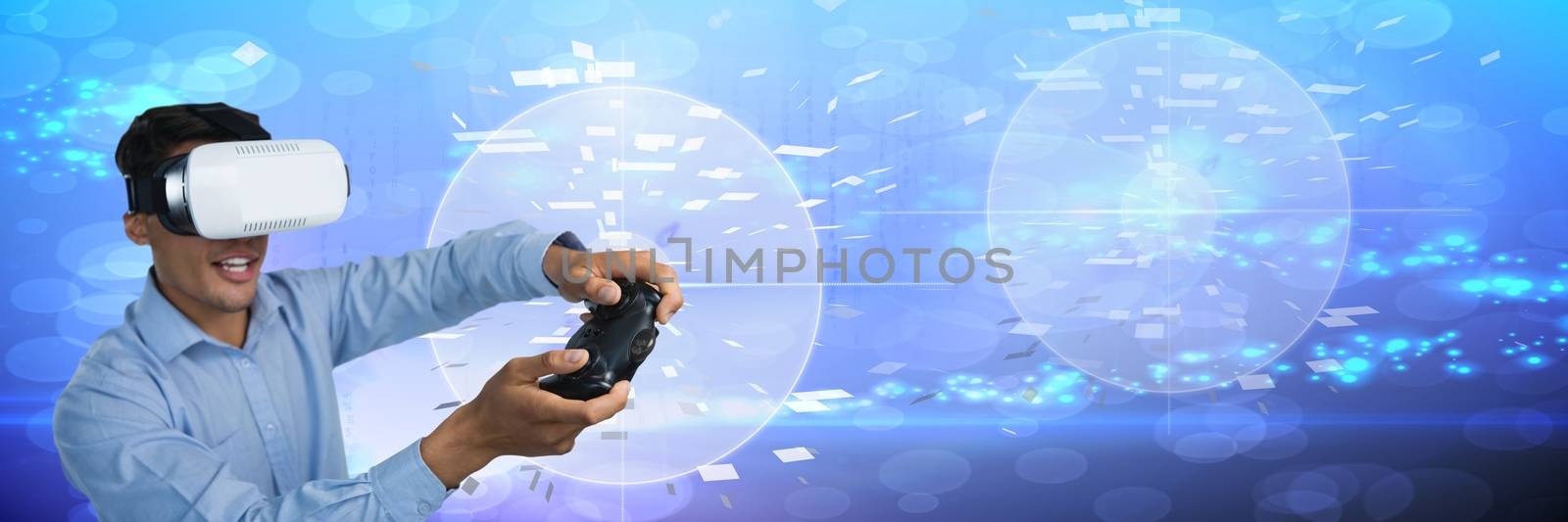 Digital composite of Businessman with virtual reality headset playing with computer game controller with technology backg