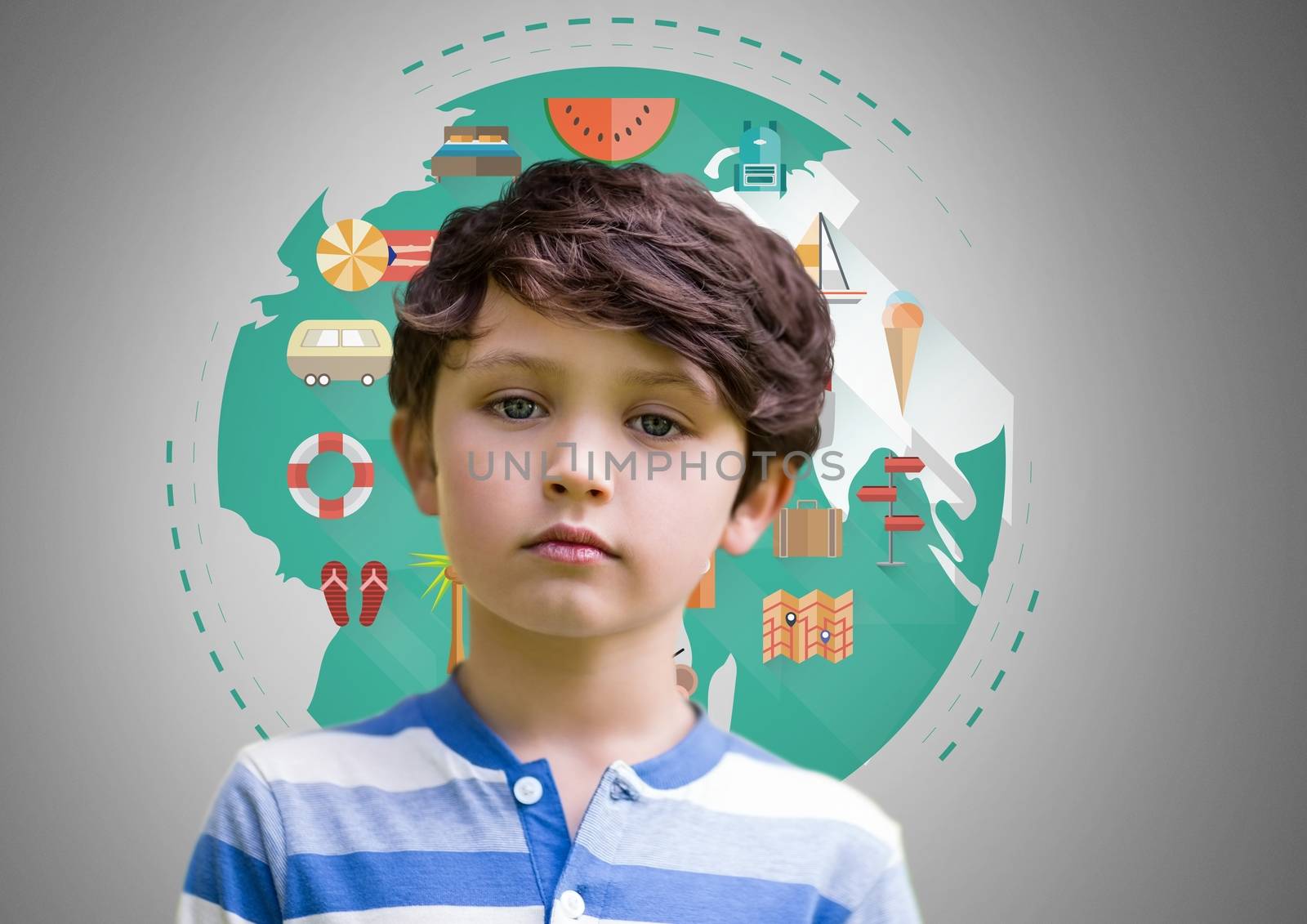 Digital composite of Boy against grey background pondering and holiday travel illustration