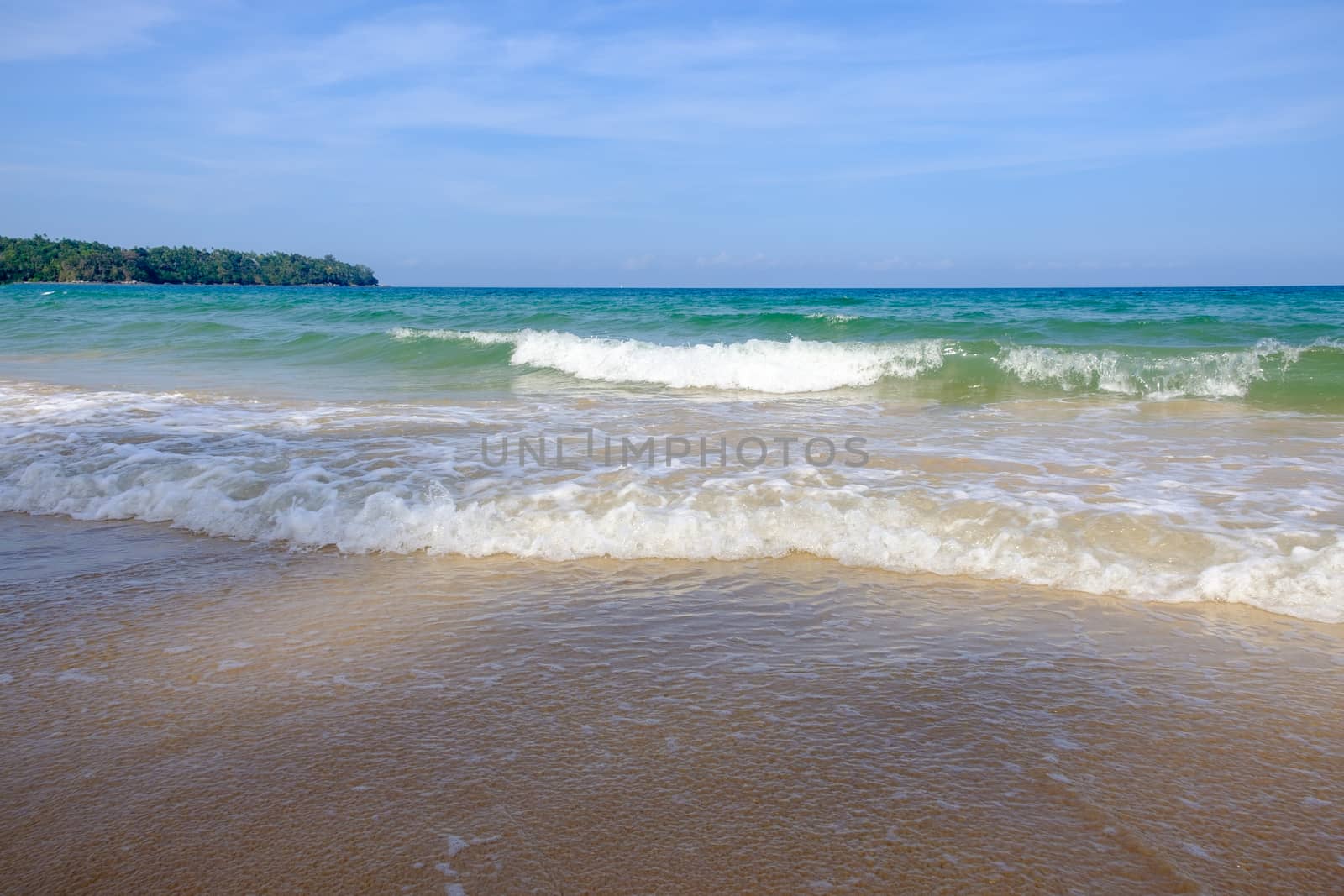 Wave of the Sea and shore beach in vintage style. White sand beach and blue sky. Sea view from tropical beach with Scene Waters Storm.