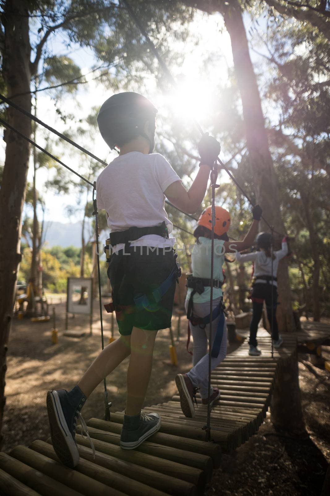 Determined kids crossing zip line on a sunny day