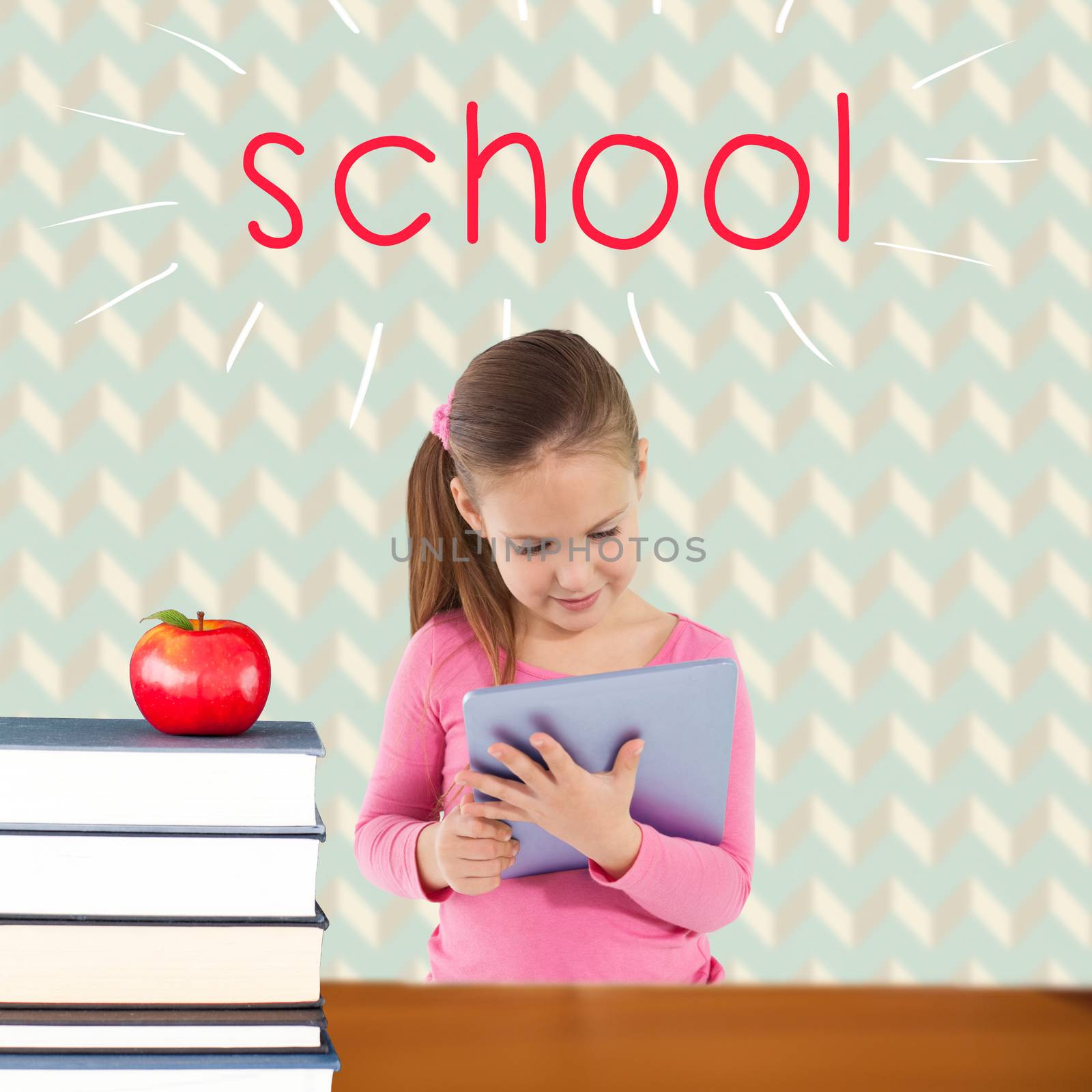 The word school and cute girl using tablet against red apple on pile of books