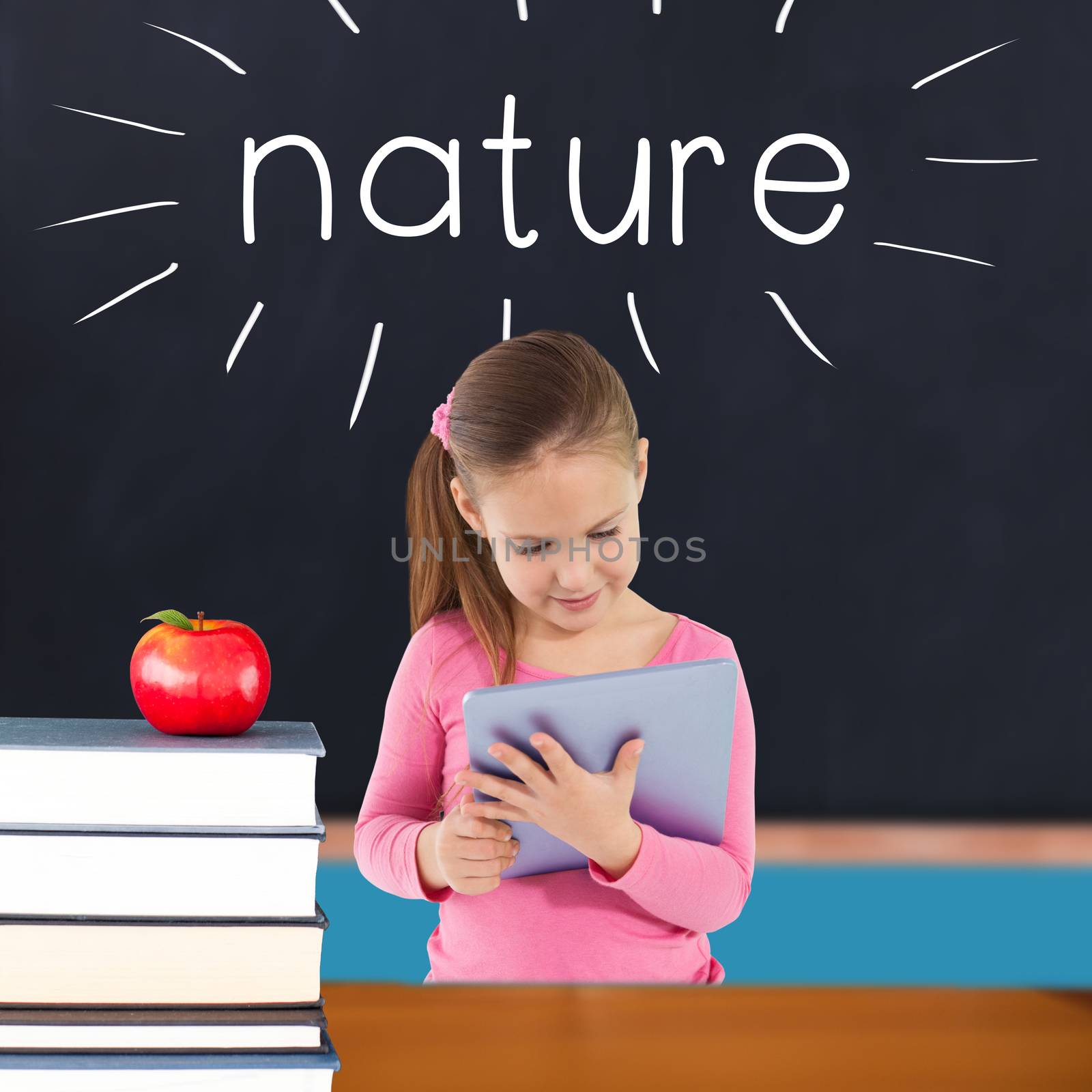 The word nature and cute girl using tablet against red apple on pile of books in classroom