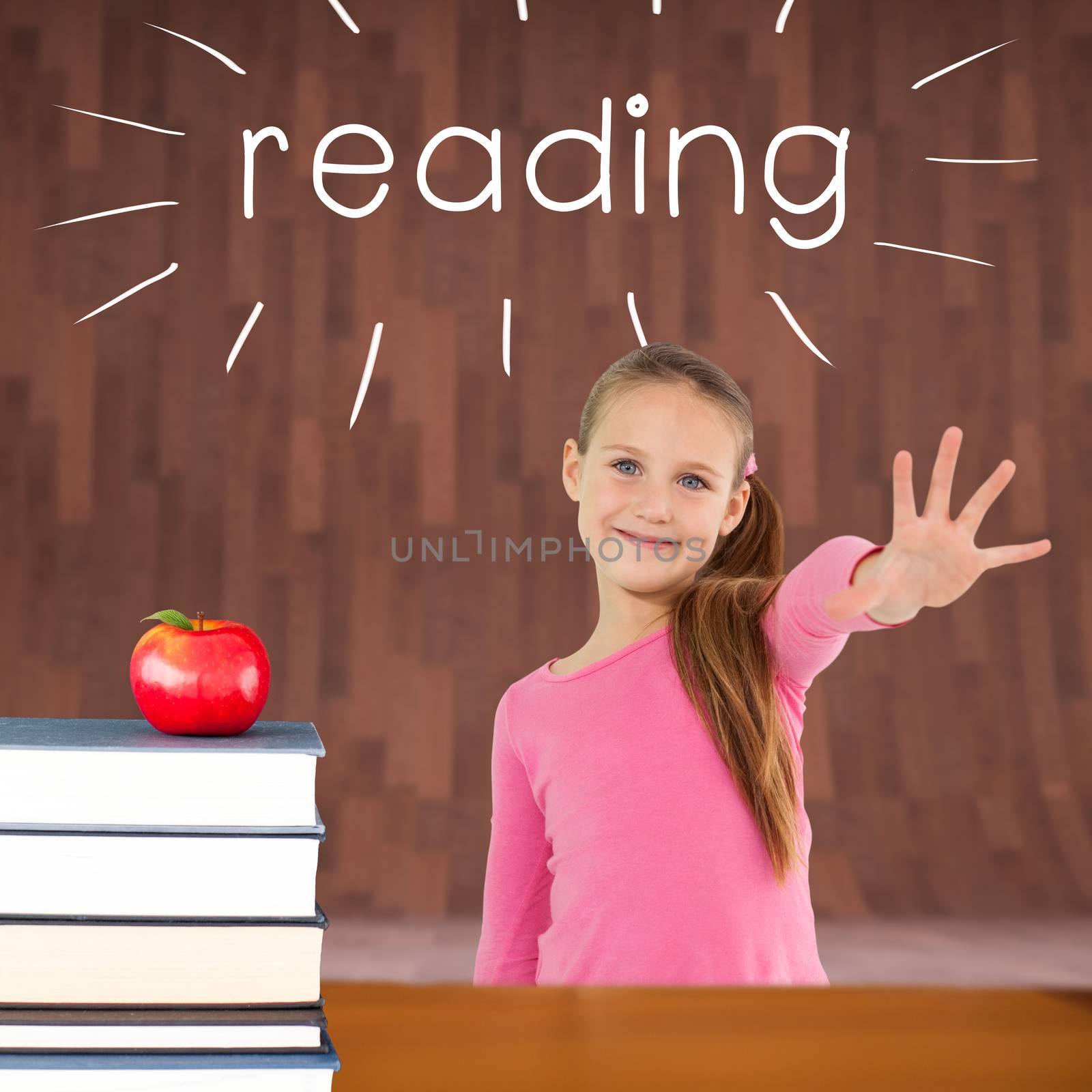The word reading and cute girl with hand out against red apple on pile of books