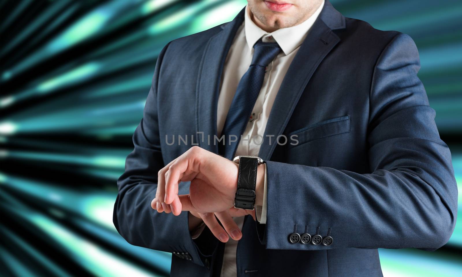 Composite image of businessman checking the time on watch by Wavebreakmedia