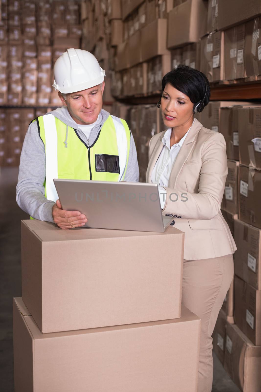Warehouse worker and manager looking at laptop by Wavebreakmedia