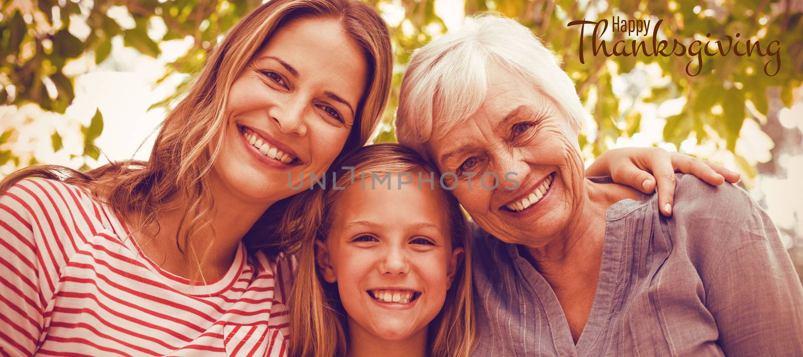 Illustration of happy thanksgiving day text greeting against portrait of happy family with granny 