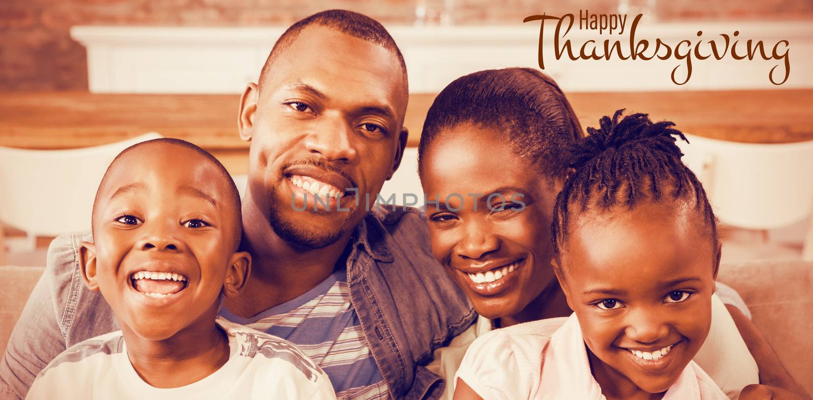 Illustration of happy thanksgiving day text greeting against portrait of happy family relaxing on couch