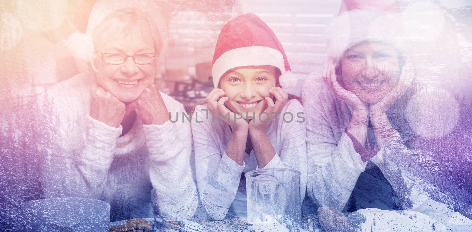 Snowy pine trees on alp mountain slope against multi-generation family baking together