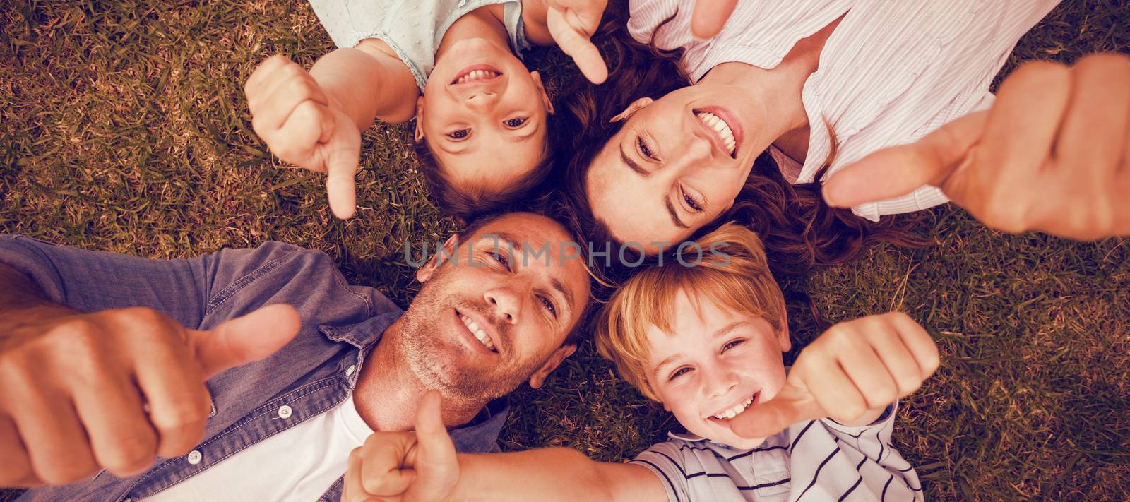 Happy family in park together gesturing thumbs up by Wavebreakmedia