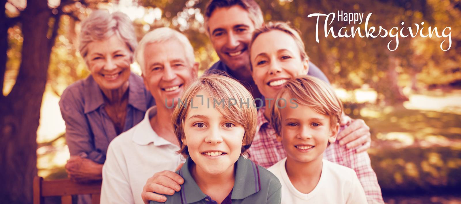 Illustration of happy thanksgiving day text greeting against happy family in park