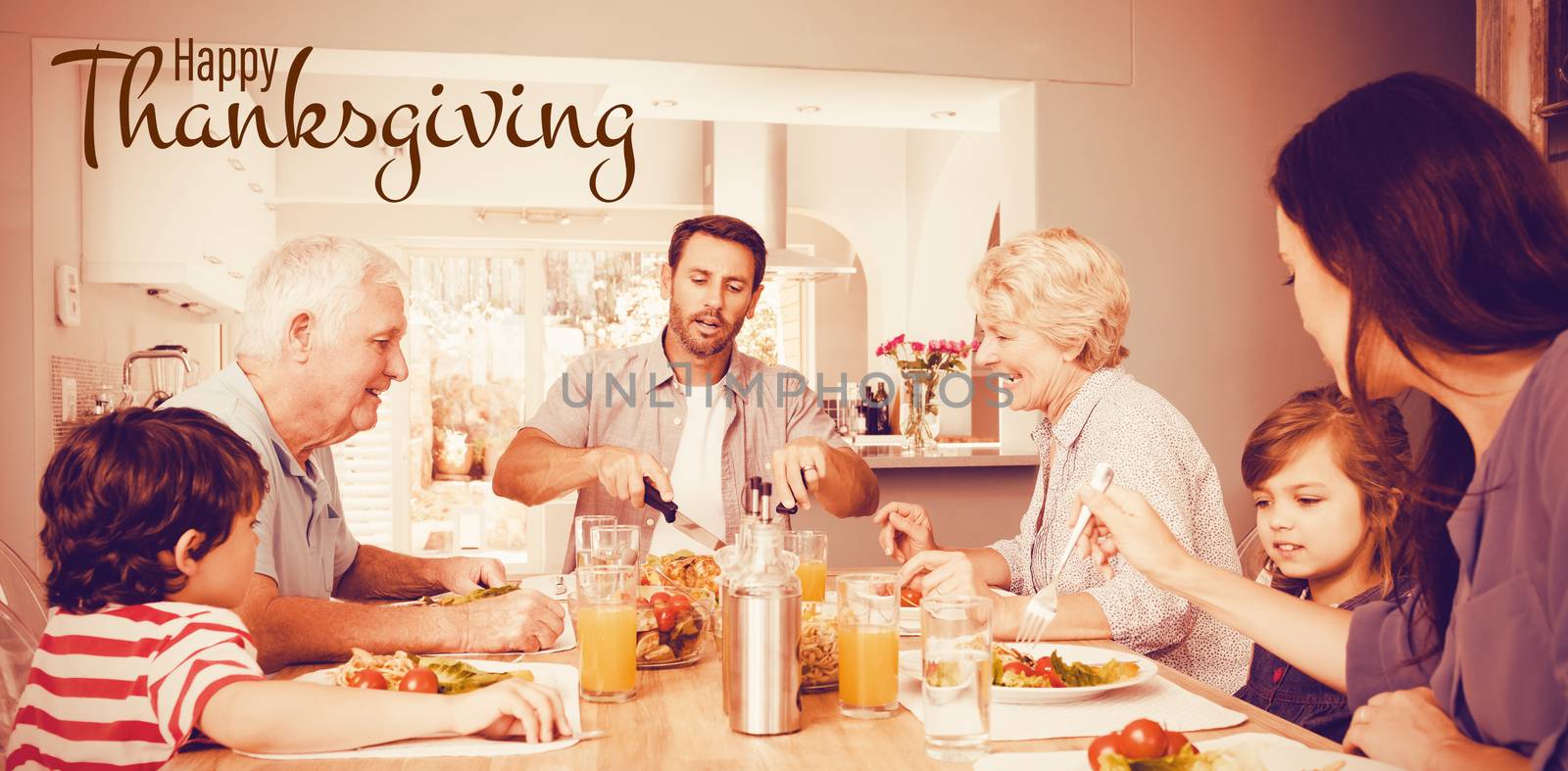 Illustration of happy thanksgiving day text greeting against happy family with grandparents sitting at dining table