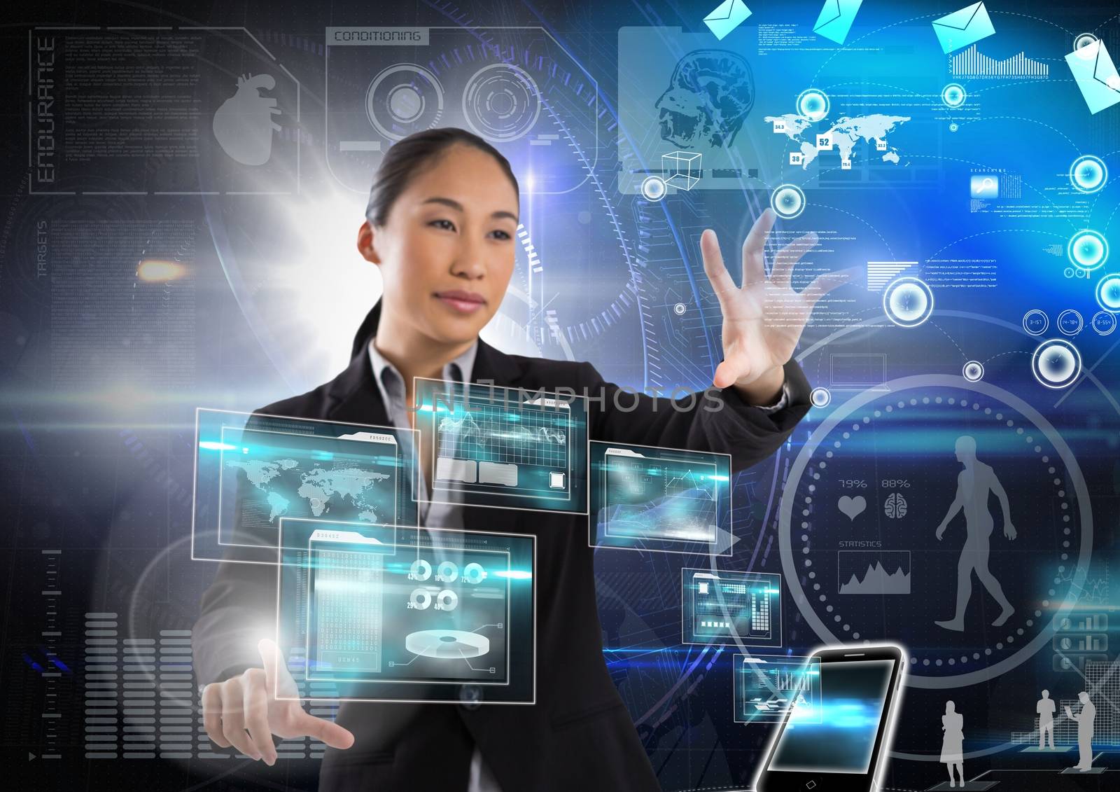 Digital composite of Technology interface and Businesswoman touching air in front of science technology interfaces