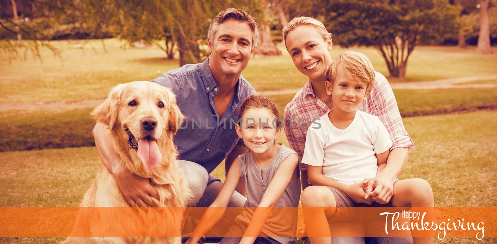 Illustration of happy thanksgiving day text greeting against portrait of family enjoying with dog at park