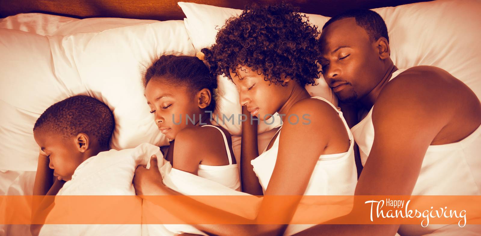 Illustration of happy thanksgiving day text greeting against overhead view of peaceful family sleeping