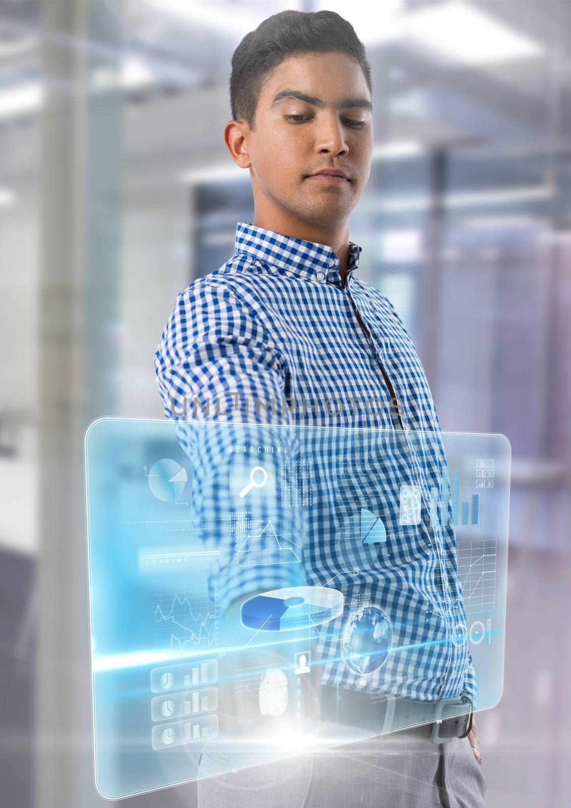 Digital composite of Technology interface and Businessman touching air in front of office