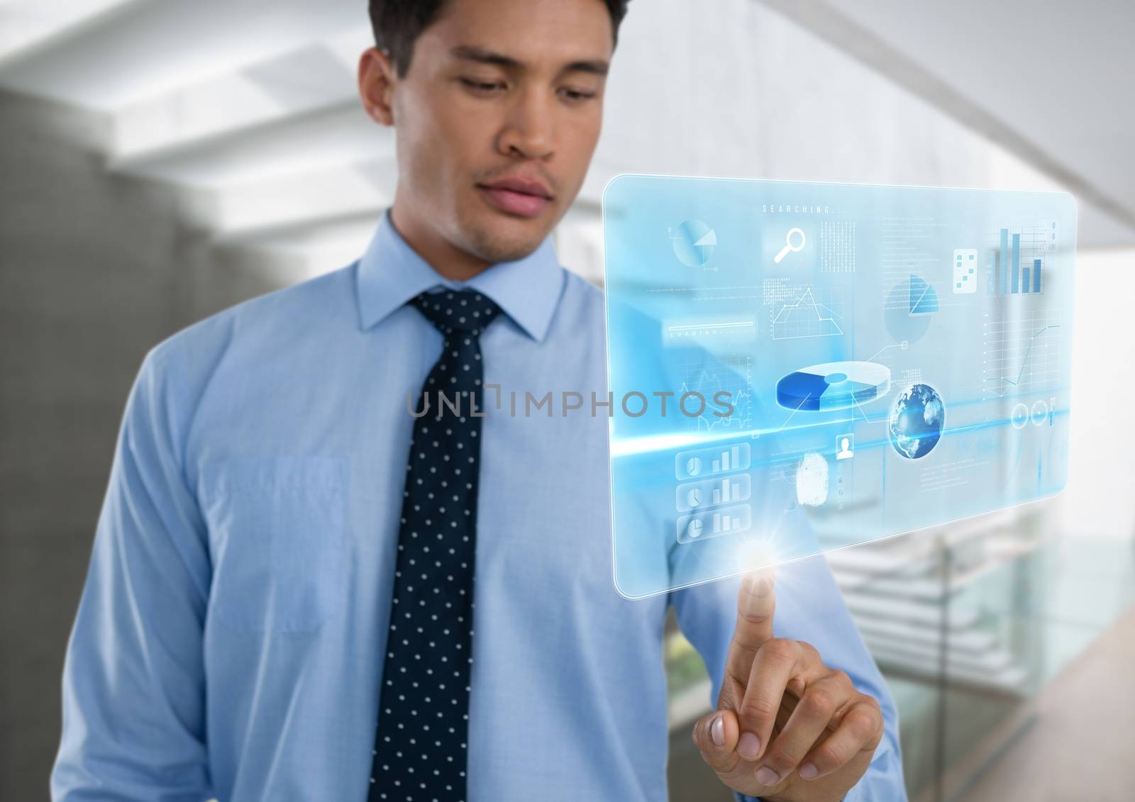 Digital composite of Technology interface and Businessman touching air in front of stairway