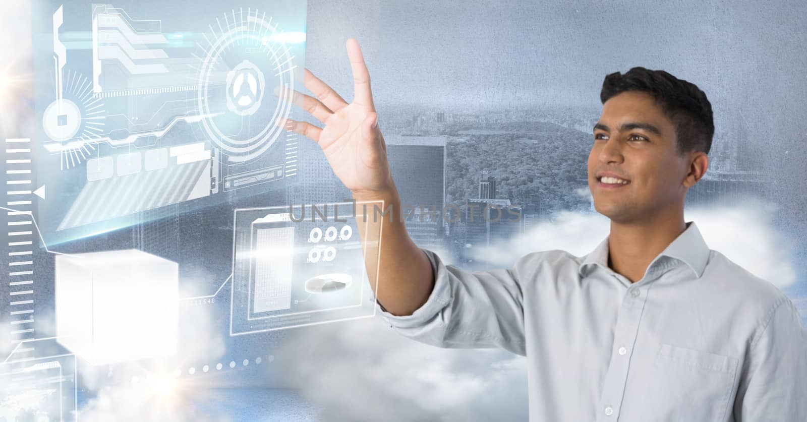 technology interface and Businessman touching air in front of city by Wavebreakmedia