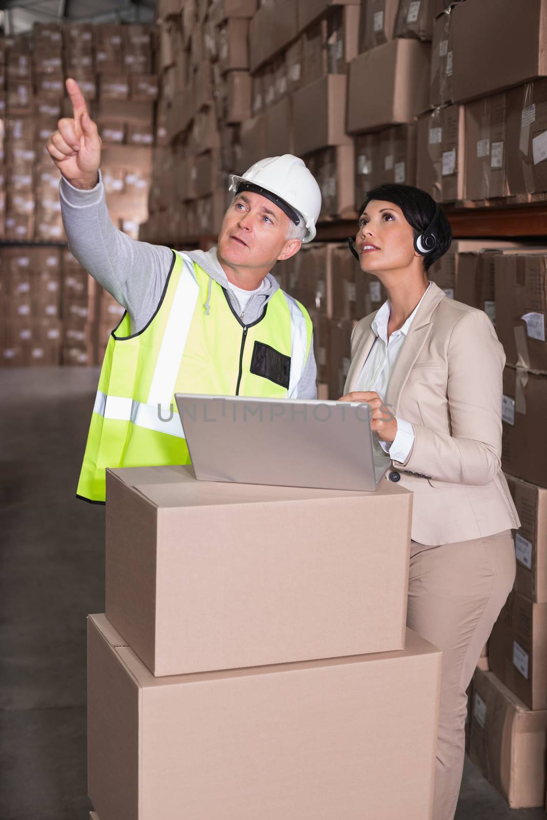 Warehouse worker and manager using laptop by Wavebreakmedia