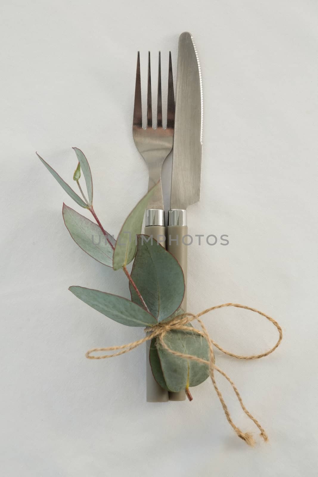 Close-up of fork and butter knife tied with leaf 