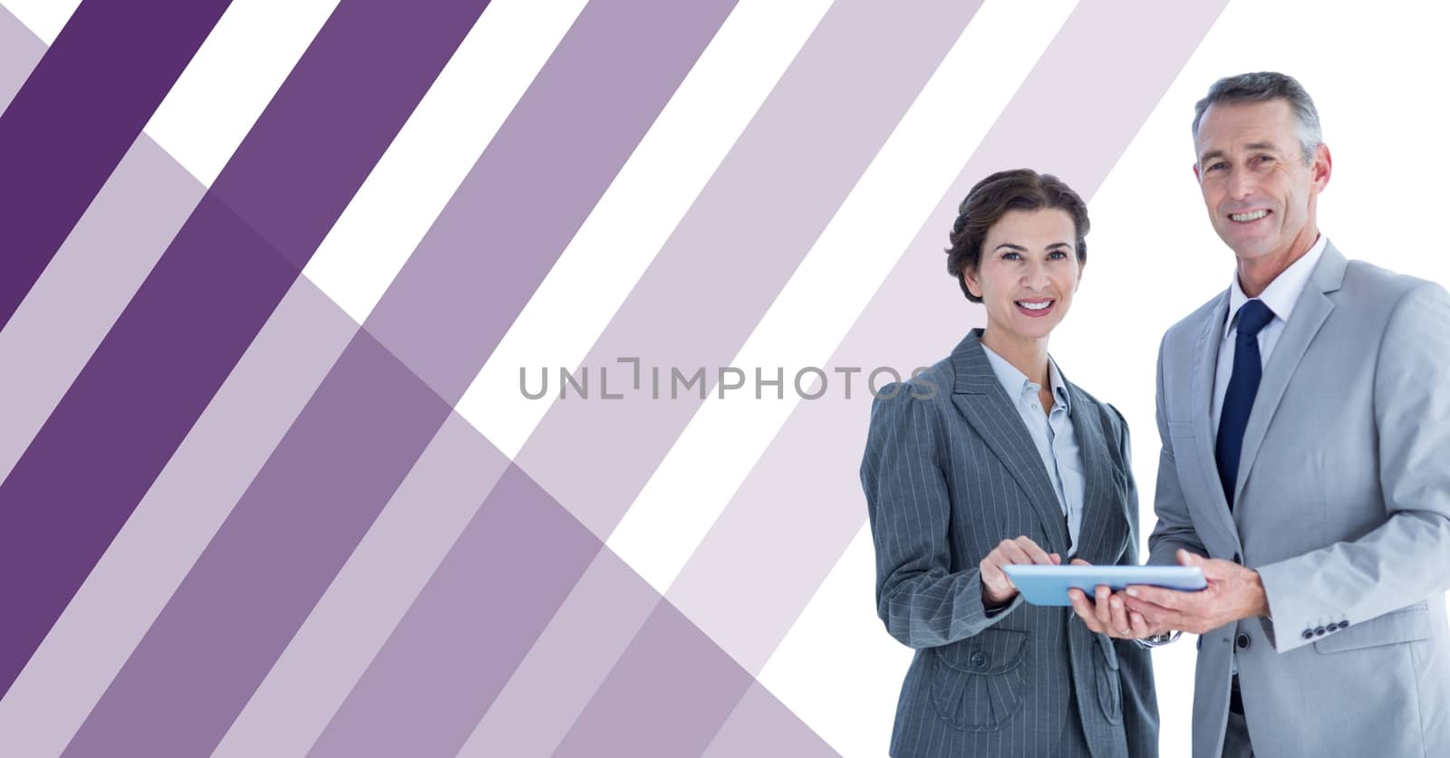 Digital composite of Business people with tablet and striped background