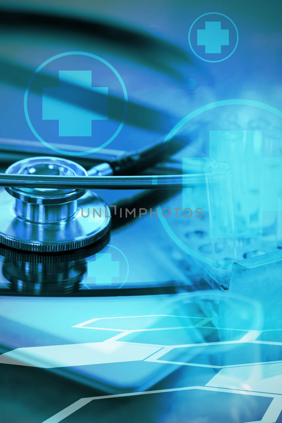 Digital background with emergency sign  against stethoscope on digital tablet
