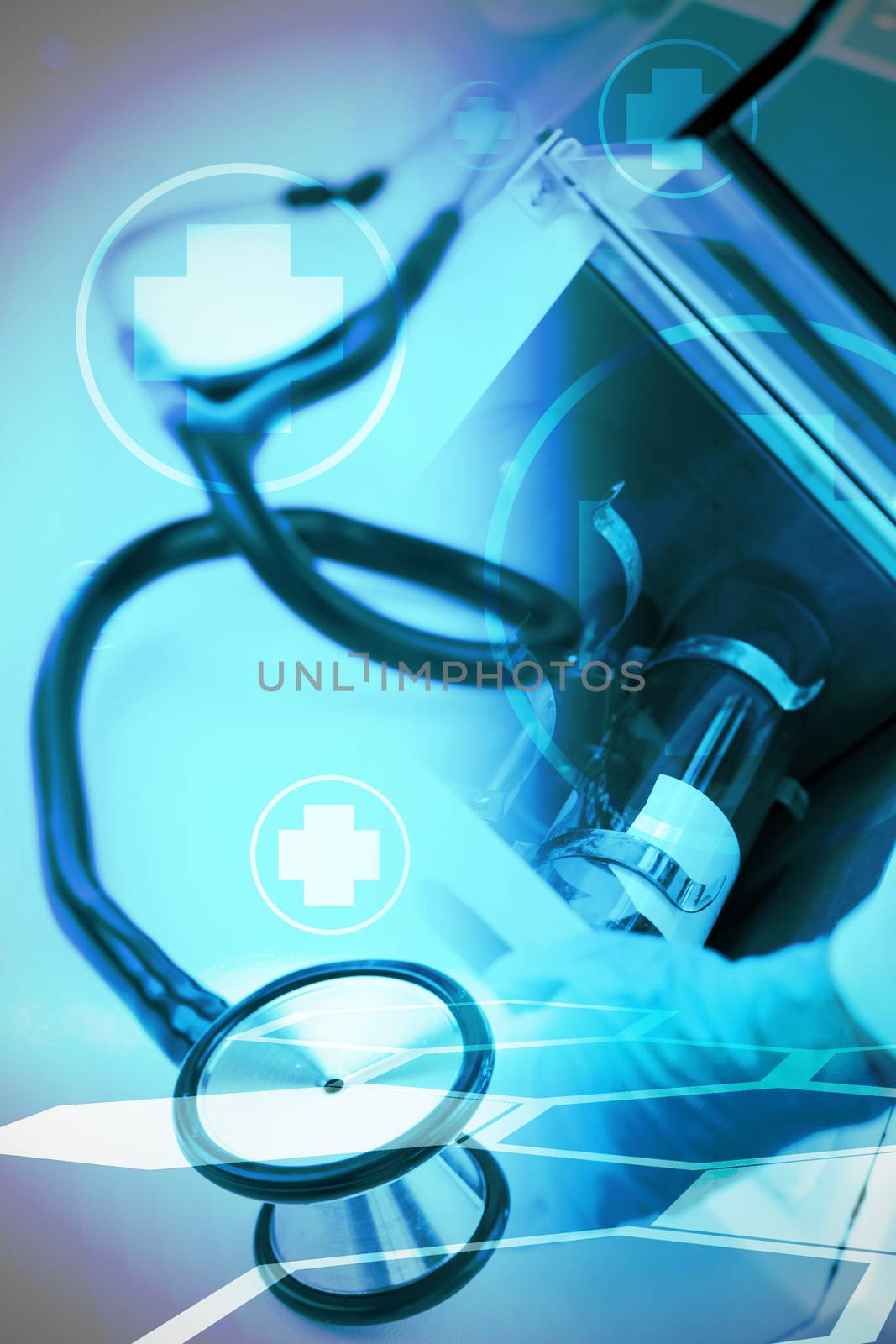 Digital background with medical sign  against blue stethoscope