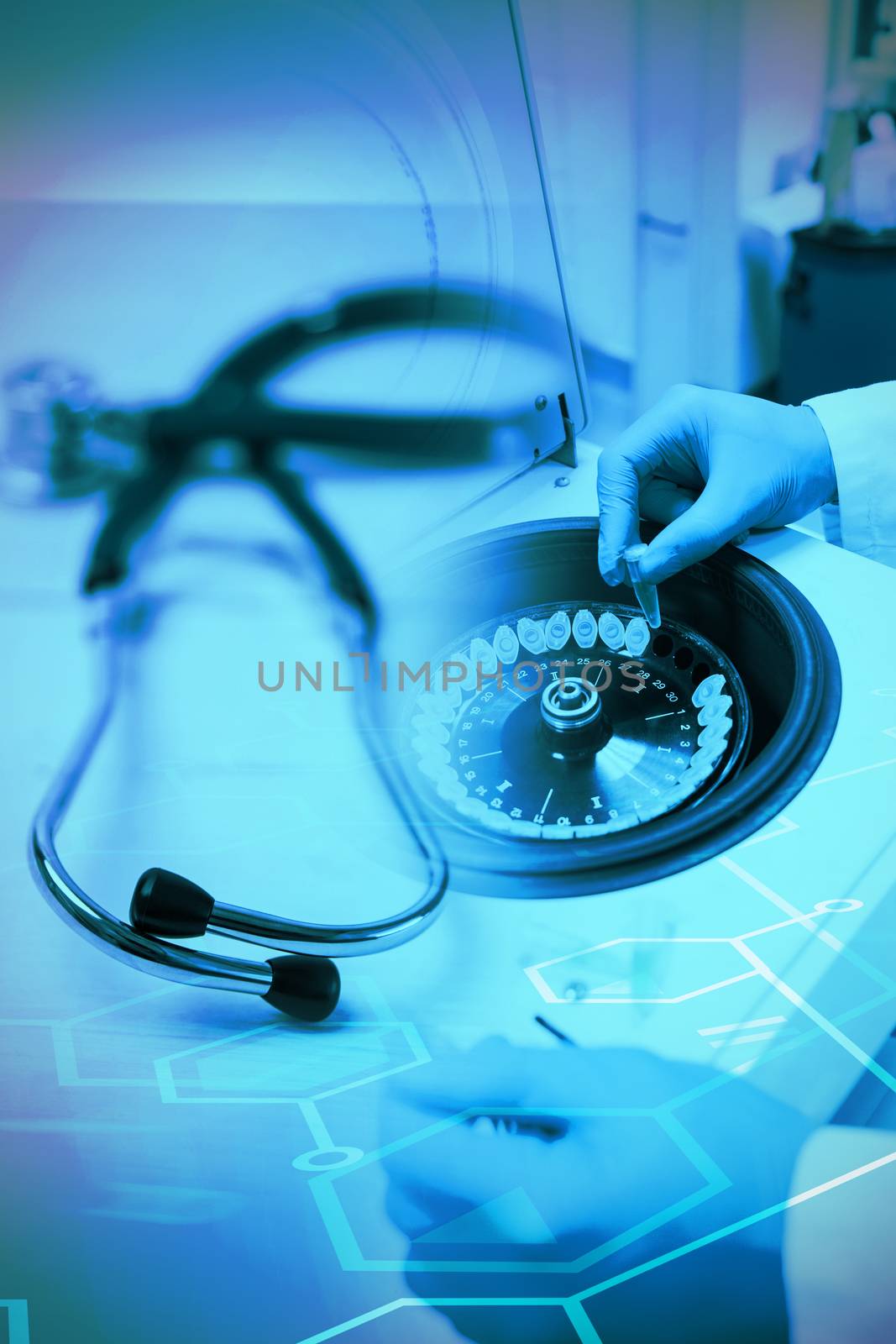 Medical icons set against stethoscope on desk