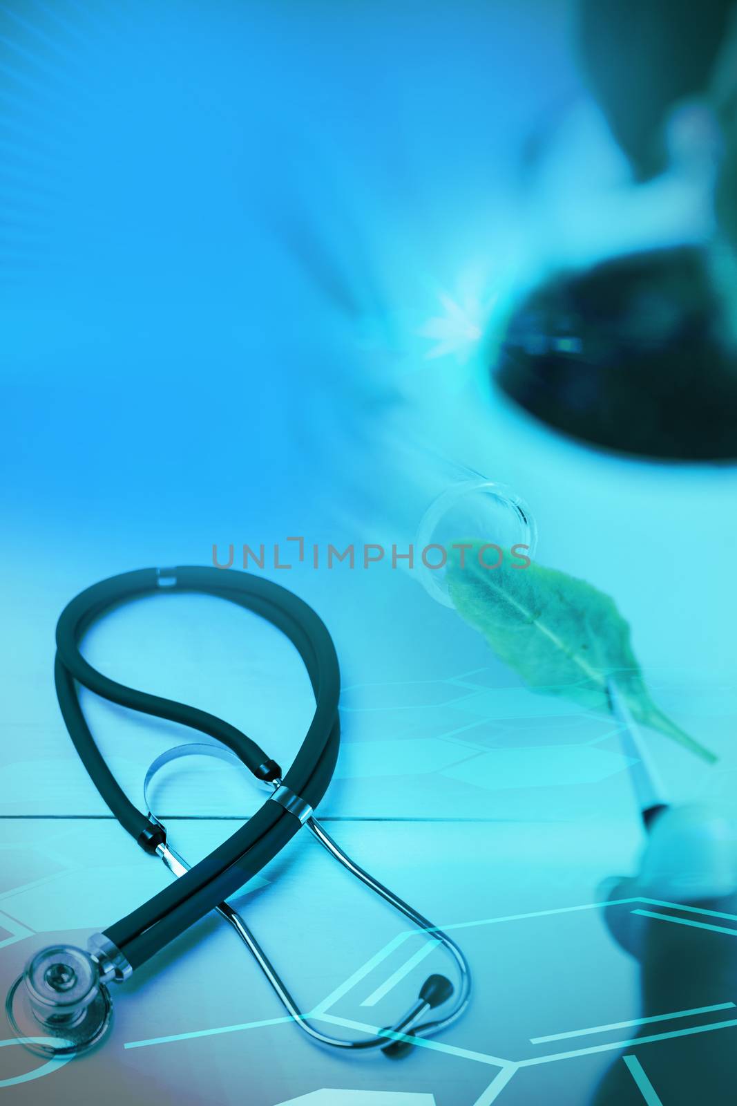 Digital background with microscope sign  against stethoscope on desk