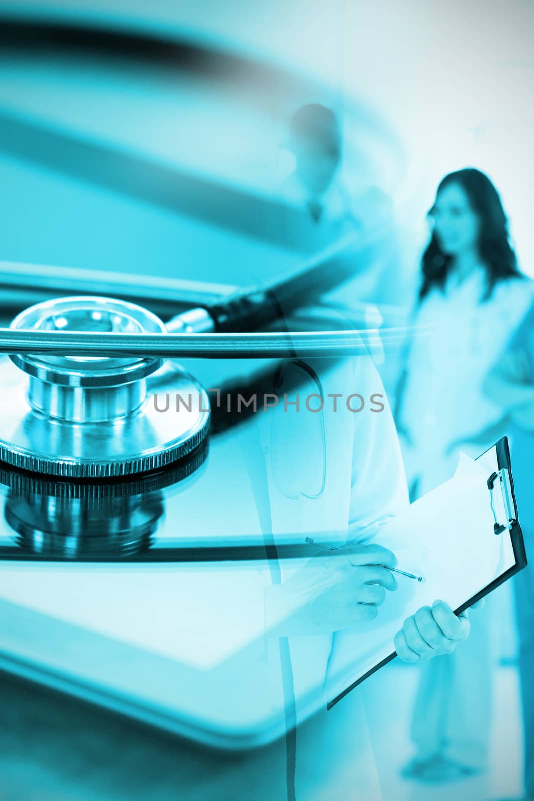 Stethoscope on digital tablet against portrait of mature doctor standing while holding clipboard