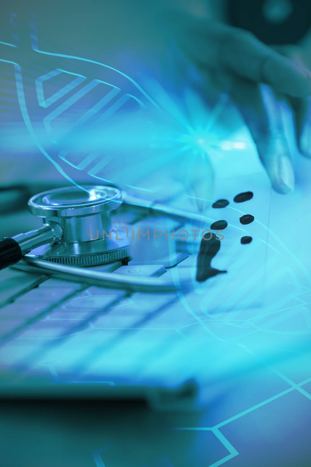 Digital background with emergency sign  against close-up of keyboard with stethoscope