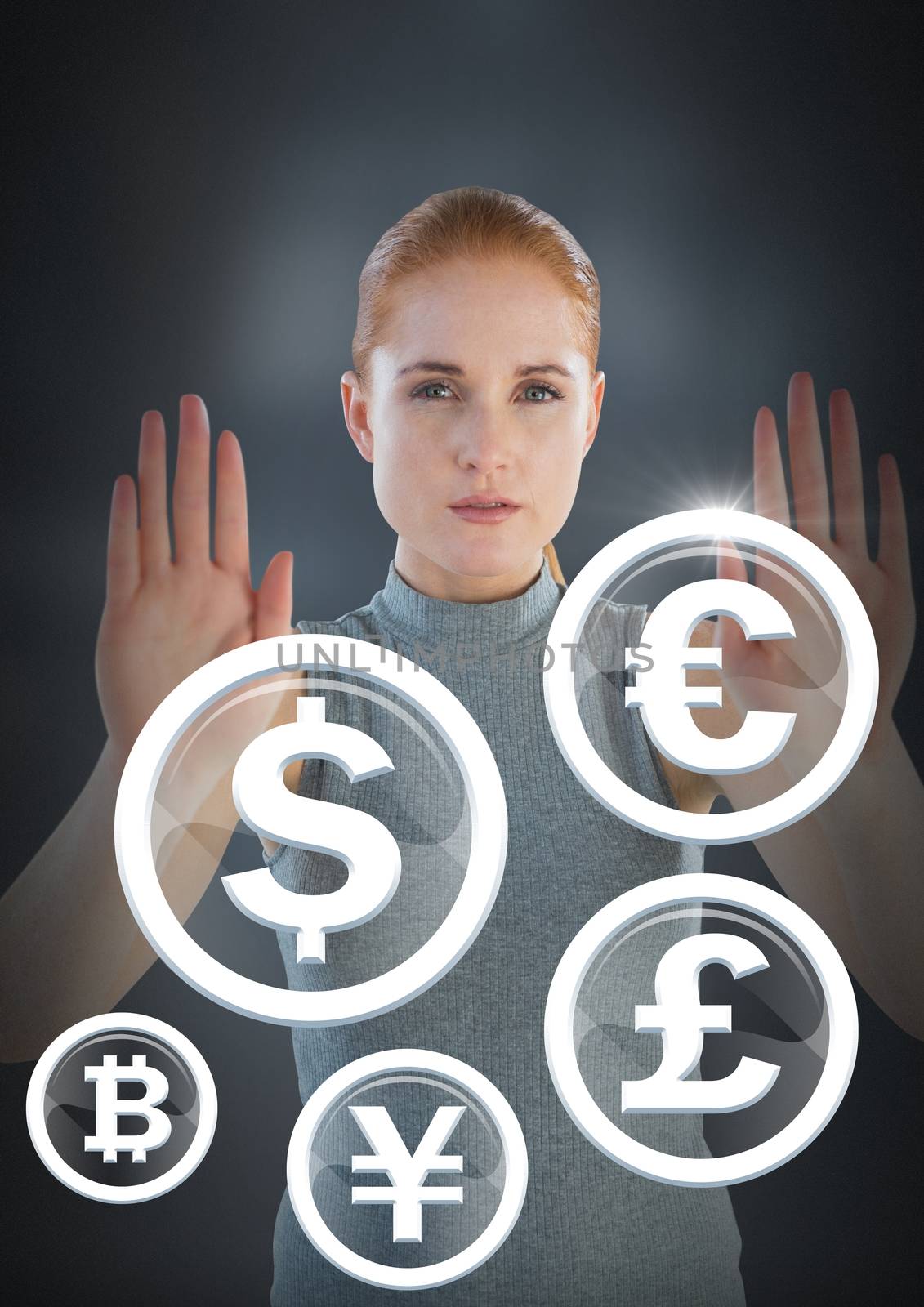 Digital composite of Futuristic Businesswoman interacting with international money currencies