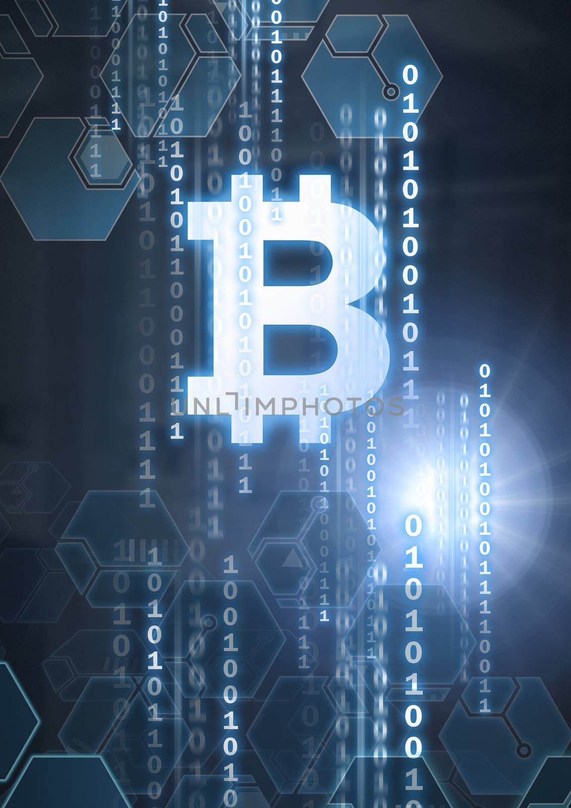 Digital composite of bitcoin graphic icon and binary code graphics