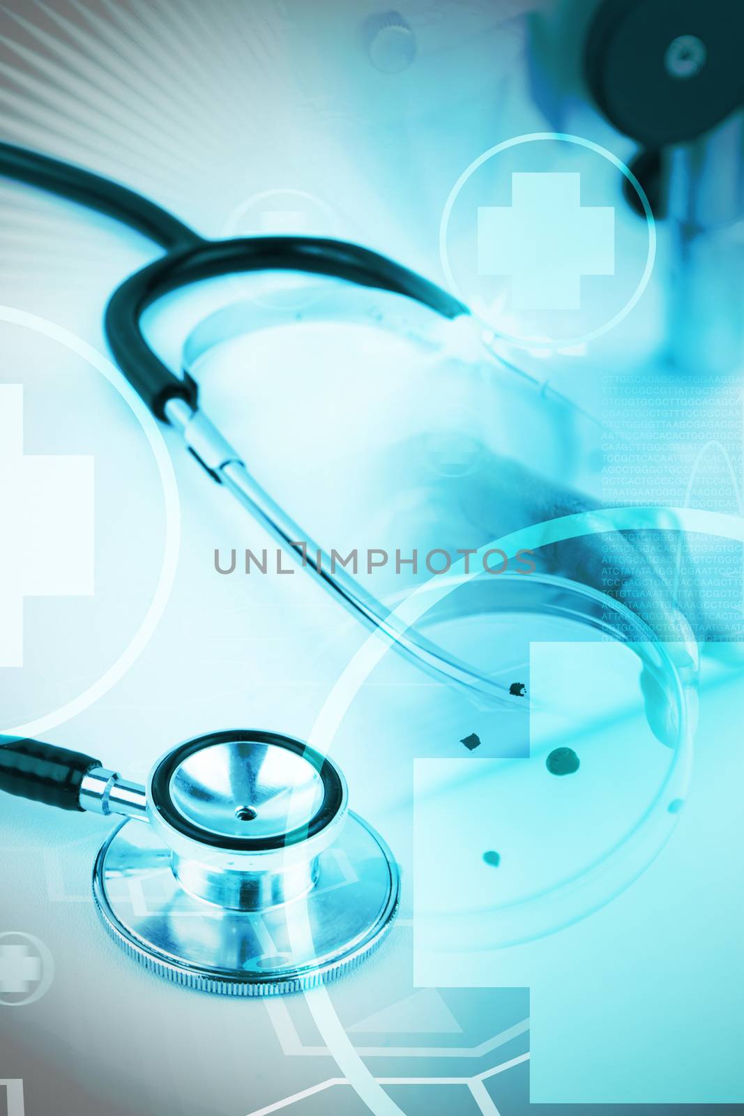Digital background with emergency sign  against metal black stethoscope