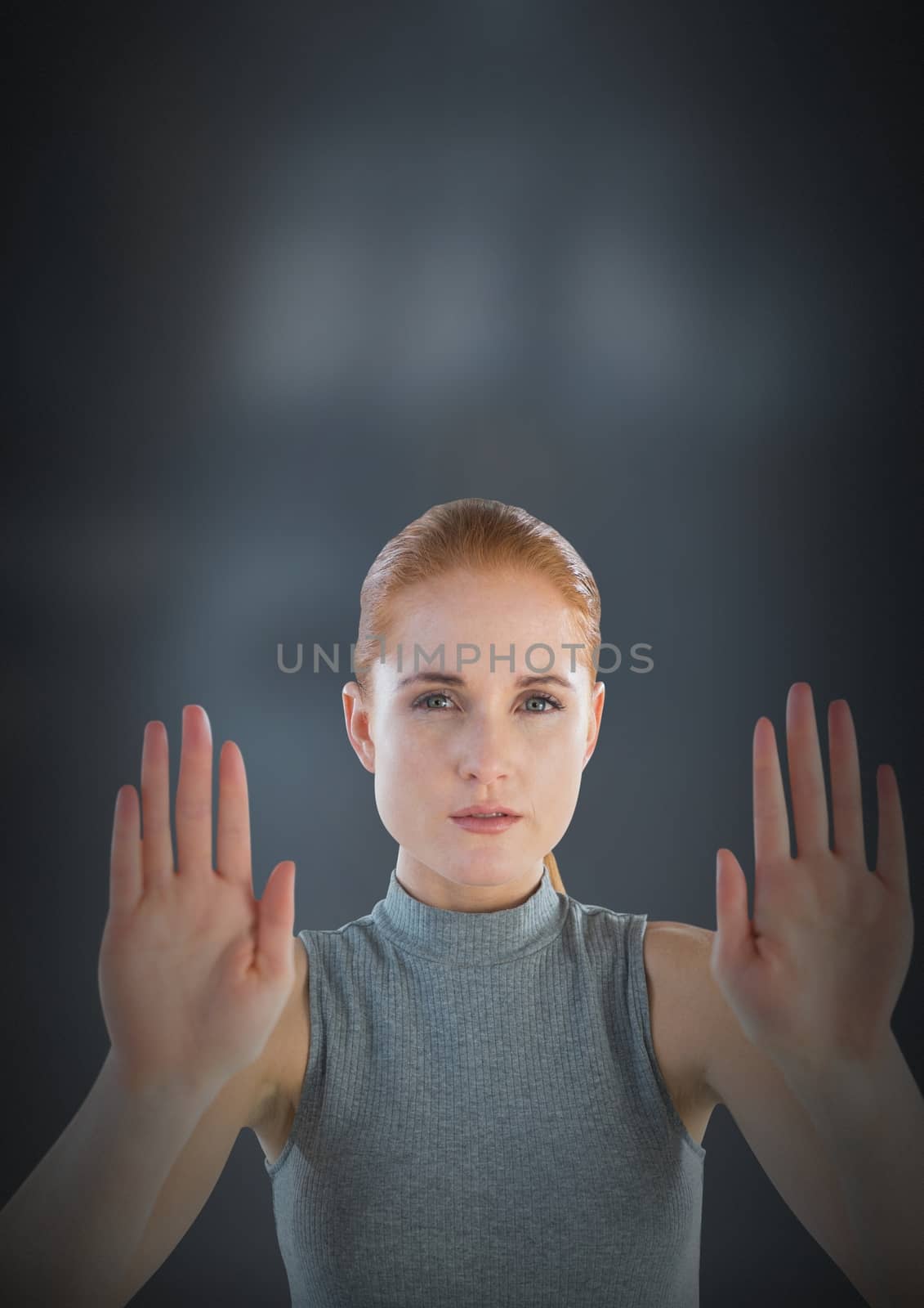 Digital composite of Futuristic Businesswoman holding hands open