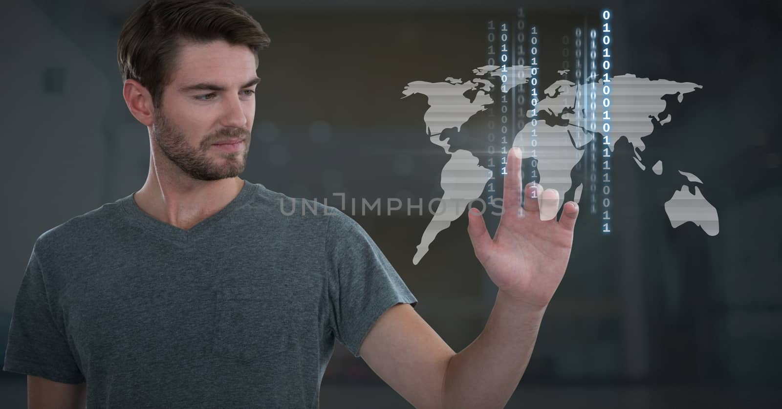 Digital composite of Businessman touching world map technology binary