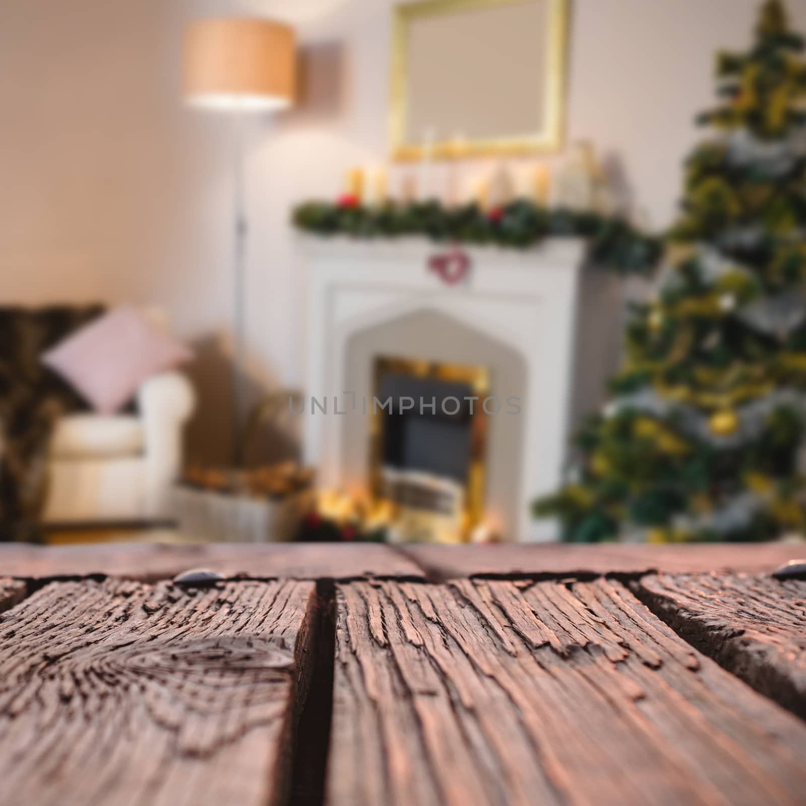 Rusty wooden plank against living room during christmas