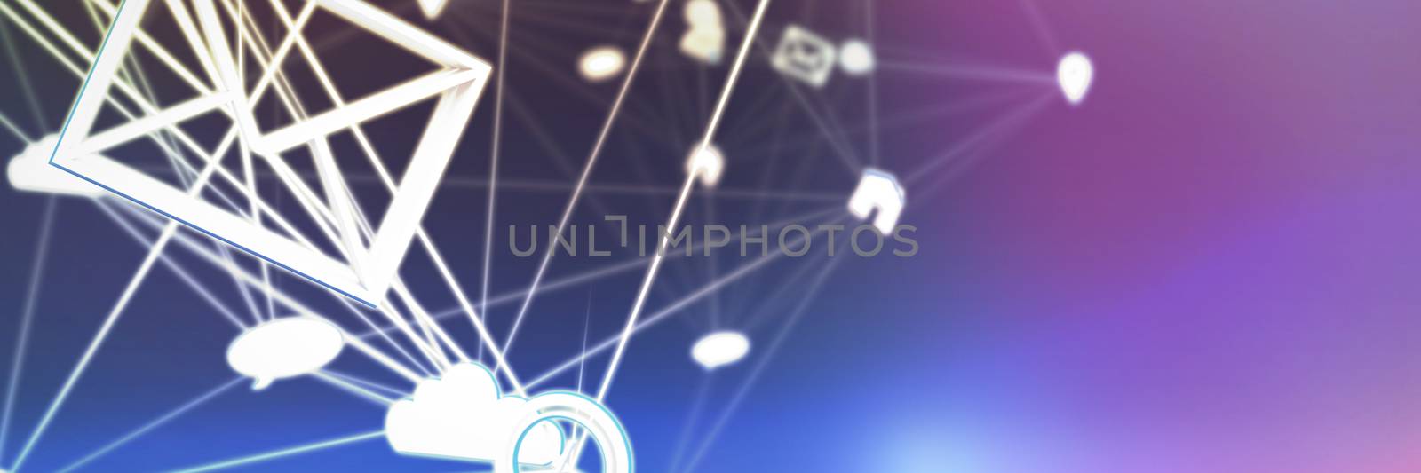 Lines connecting various networking icons against abstract blue background