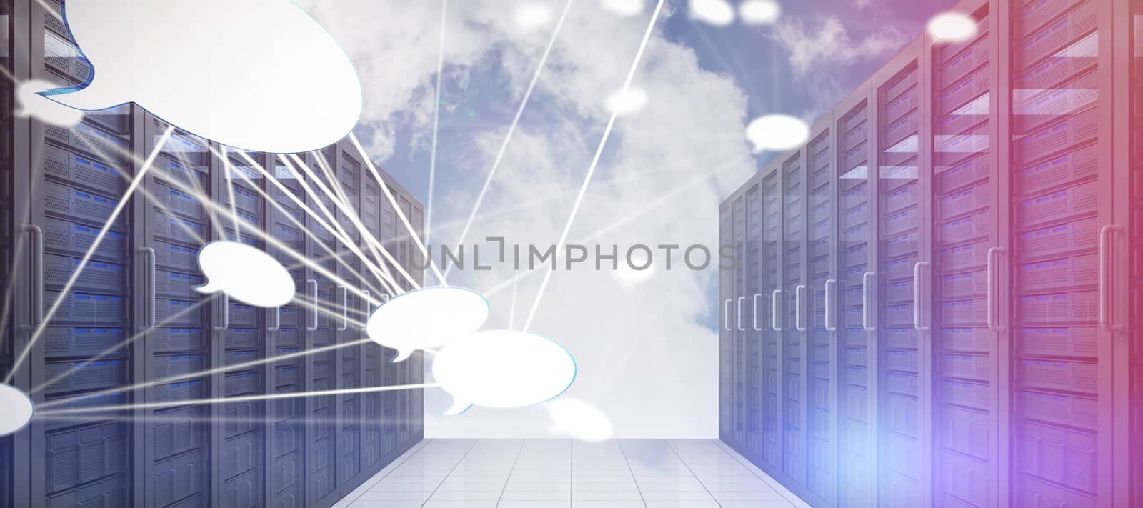 Abstract image of speech bubble against server racks against sky and cloud