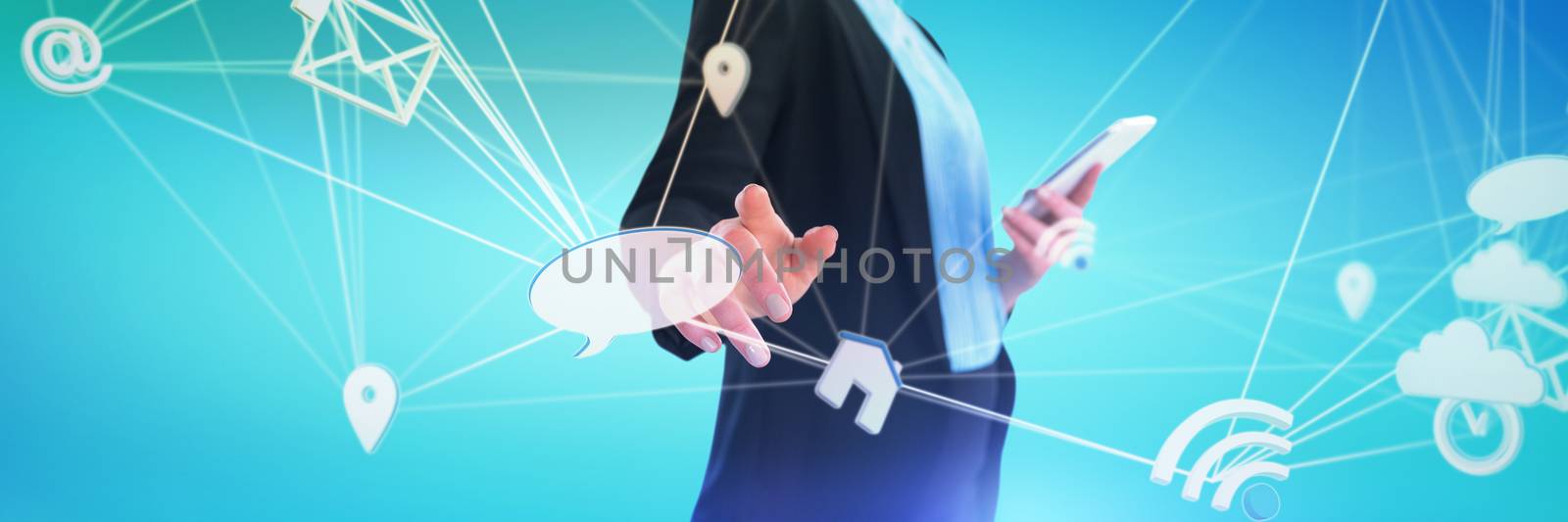 Mid section of businesswoman using mobile phone while using imaginary interface against abstract blue background