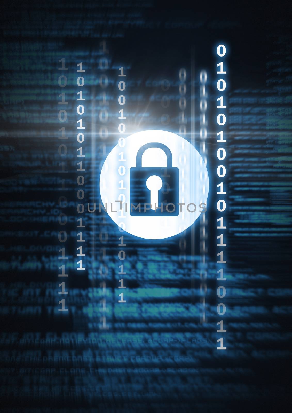 Digital composite of Security lock icon with code