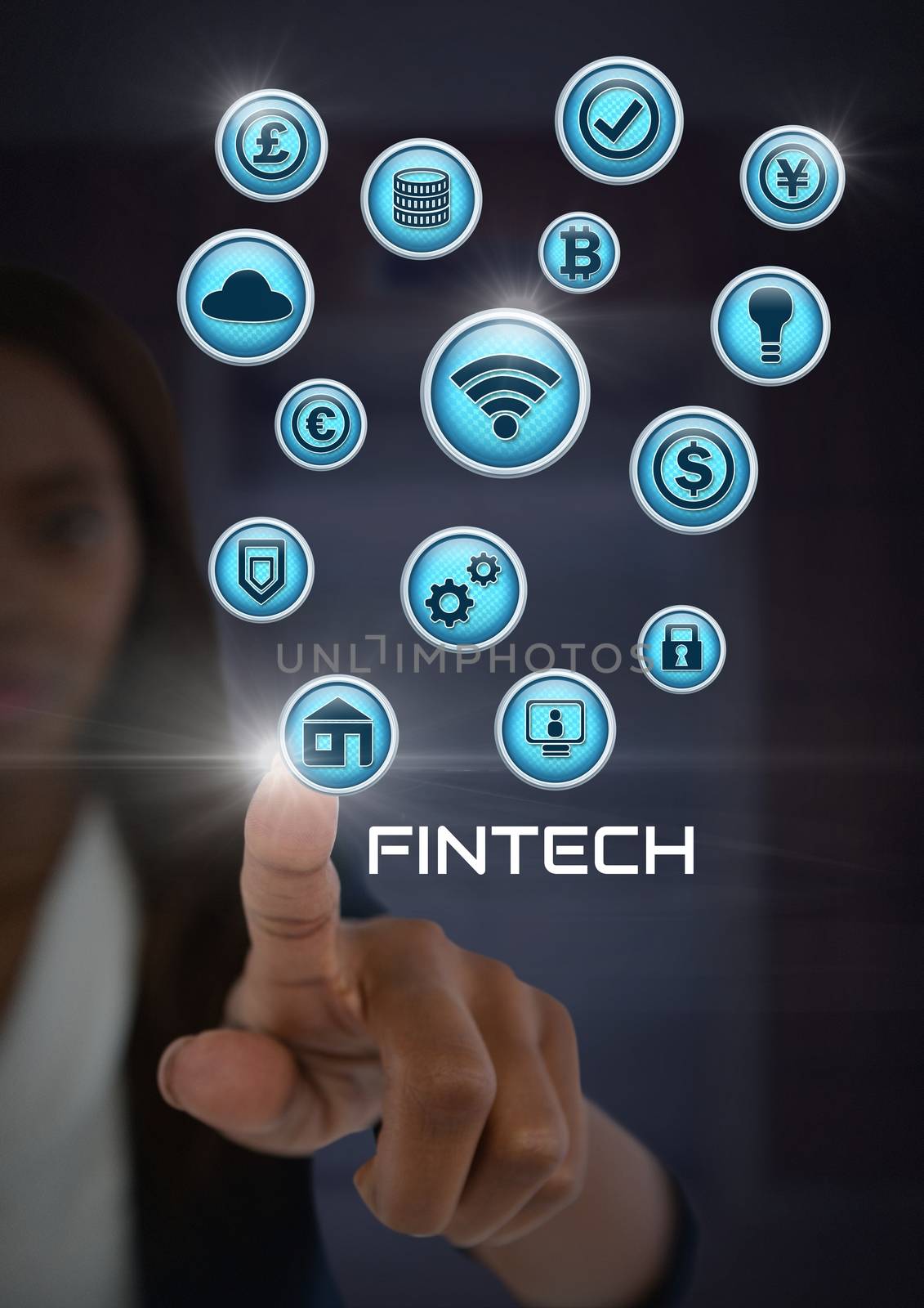 Digital composite of Businesswoman touching Fintech with various business icons