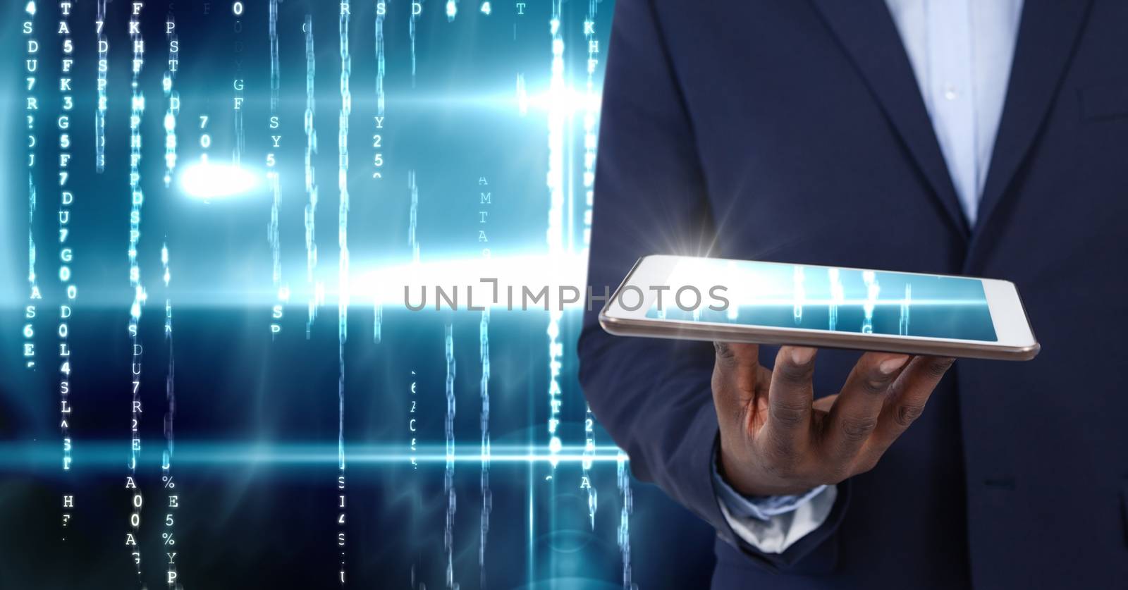 Digital composite of Hand holding tablet with technology illuminated background